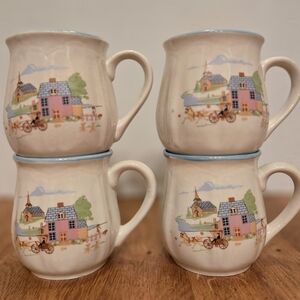 Vintage Cottagecore Farmhouse Stoneware Mugs Set of 4 Coffee Cups, 80s Korea